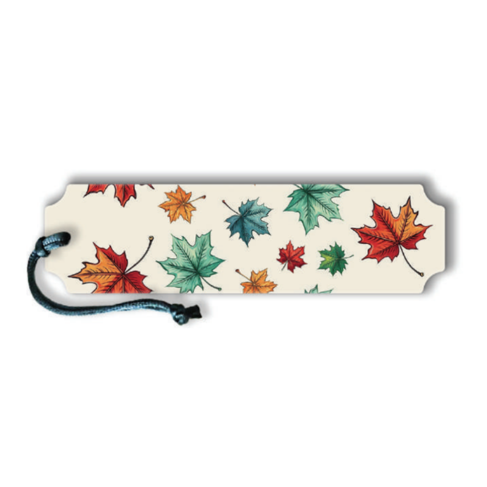 The reverse side of the cream parchment bookmark featuring a colourful all-over pattern of autumn maple leaves.