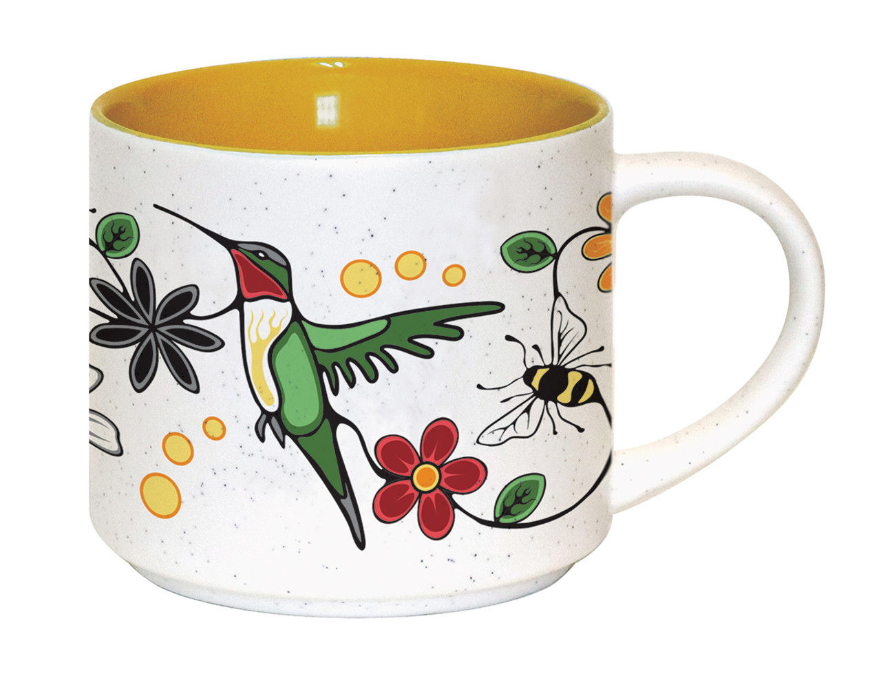 Ceramic mug with yellow interior, white exterior with reproduction of artist Storm Angeconeb's 'Hummingbird'