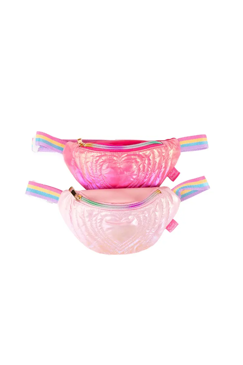 2 shiny fanny packs with heart design, one light pink, one dark park
