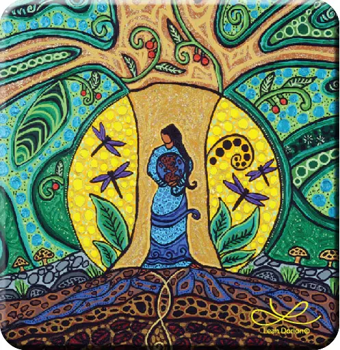 Square green cork-back coaster printed with reproduction of artist Leah Dorion's painting, 'Strong Earth Woman'