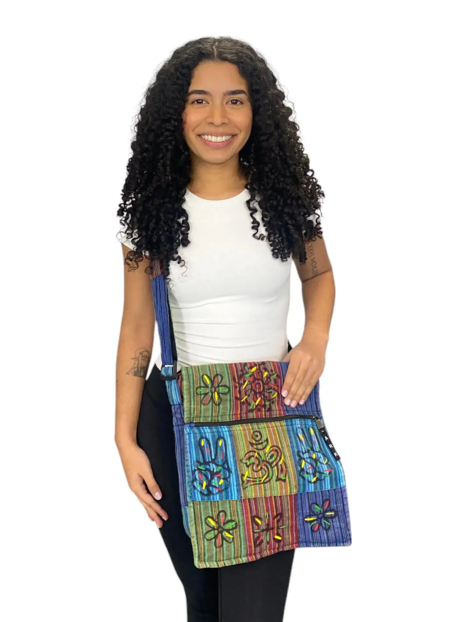 Front view of model with patchwork Keomi Shoulder Bag over her shoulder