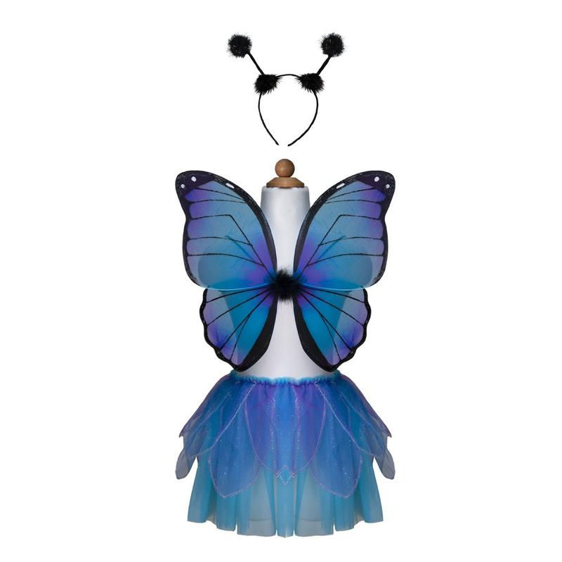 Mannequin showing 3 piece dress up costume-black butterfly antenna headband-blue & black wing set & multi-layered blue tutu