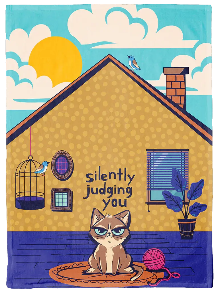 Full flat view of the Judging You cat pattern dish towel by Uptown Sox at Tickled Pink Ottawa.