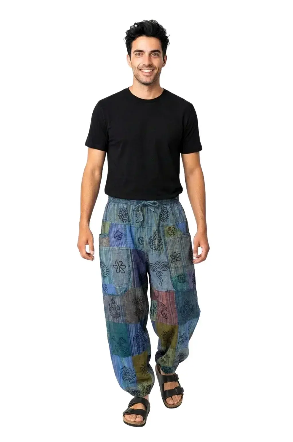 Model wearing primarily blue patch pants with drawstring waist & gathered cuff