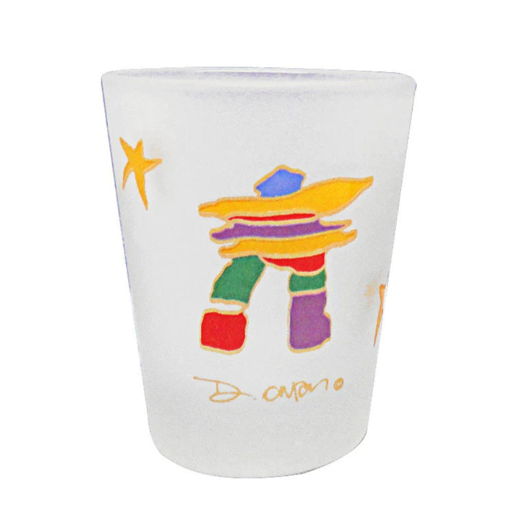 Frosted shot glass Inukshuk by Dawn Oman at Quichua World Market, Ottawa