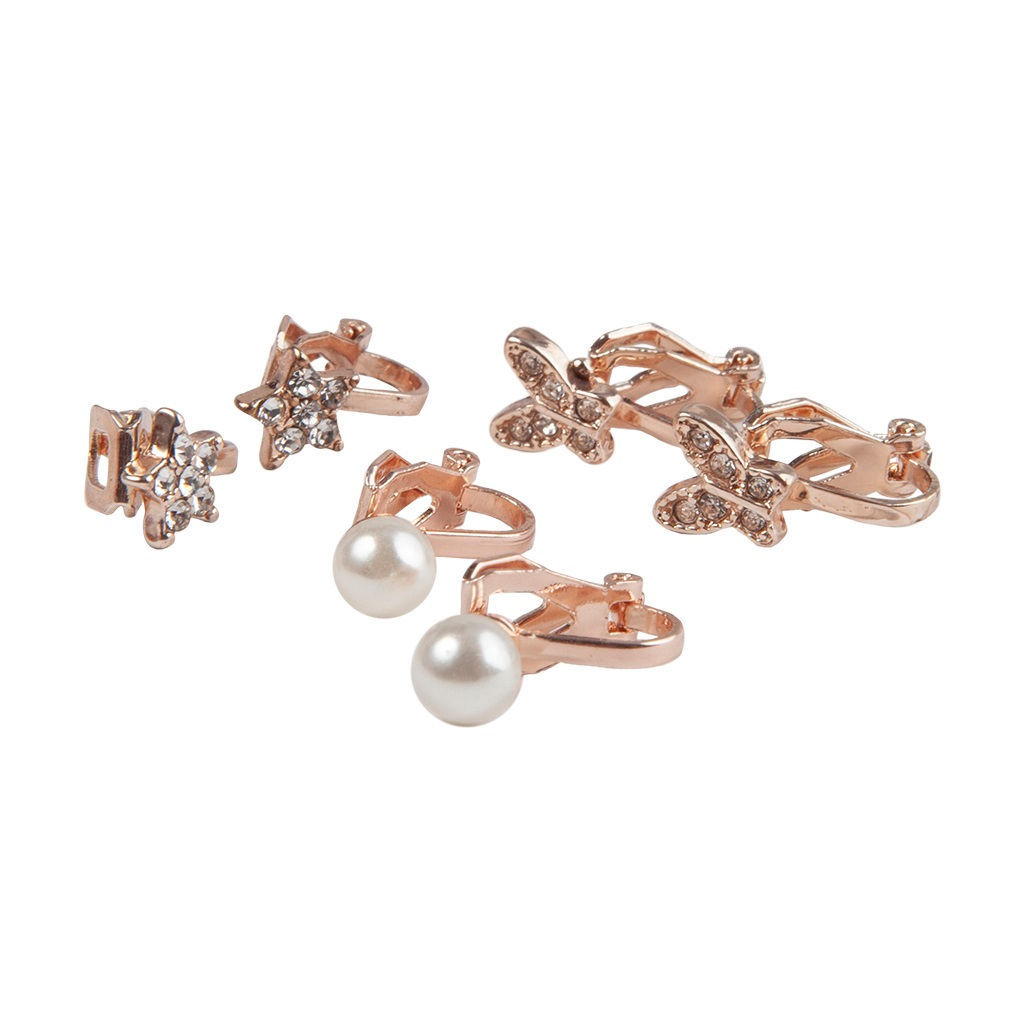 3 pairs of child's dress-up clip on earrings-stars, butterflies & pearls