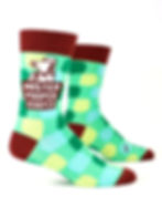 Side view of 2-tone green & brown socks, text, 'Mister Pooper Scooper' with image of dog