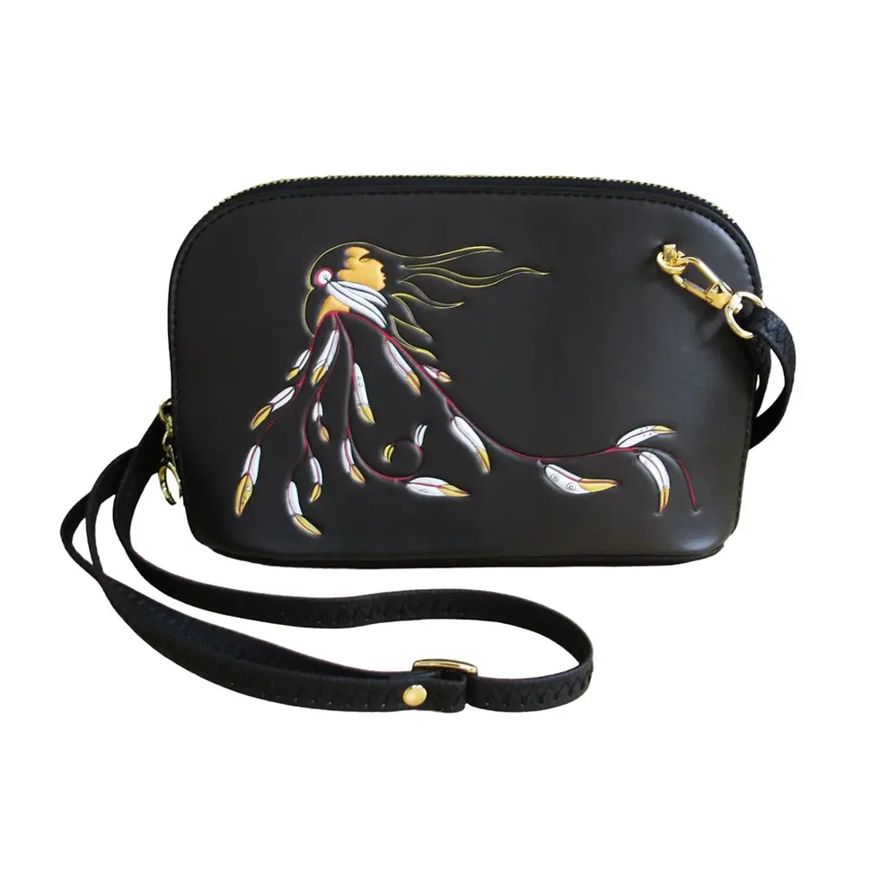Black purse with detachable long crossbody strap, printed with Maxine Noel's painting, 'Eagle's Gift'