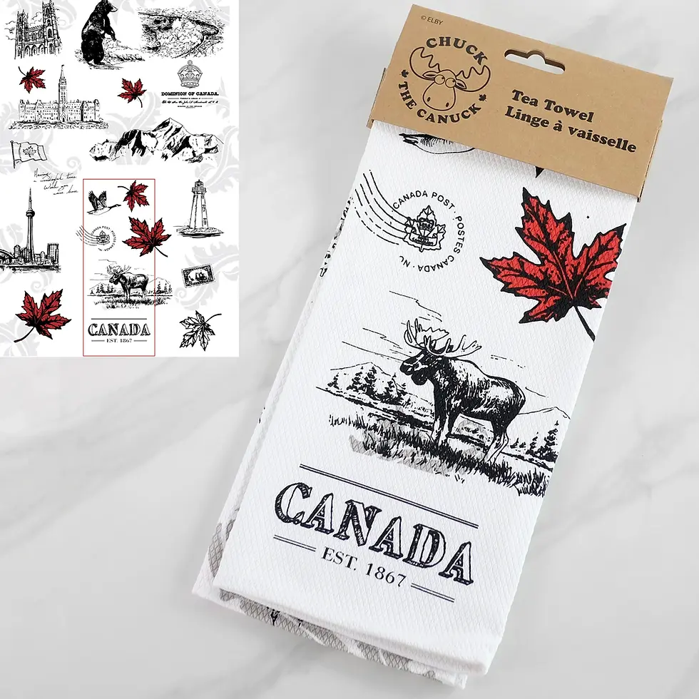White tea towel with black line drawings of Canadian icons & red maple leaves