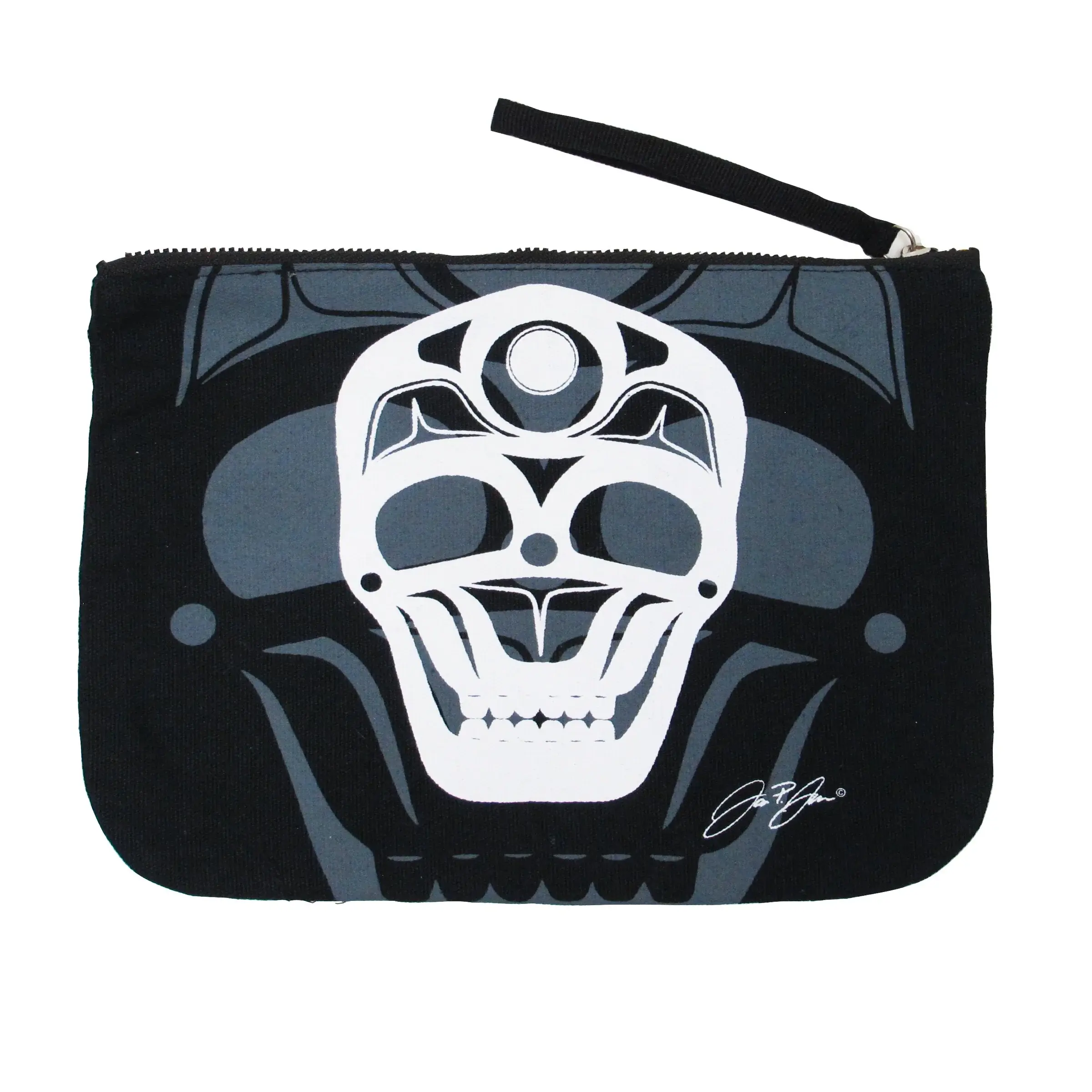Rounded rectangular black & white zippered pouch printed with reproduction of James Johnsons painting 'Skull'