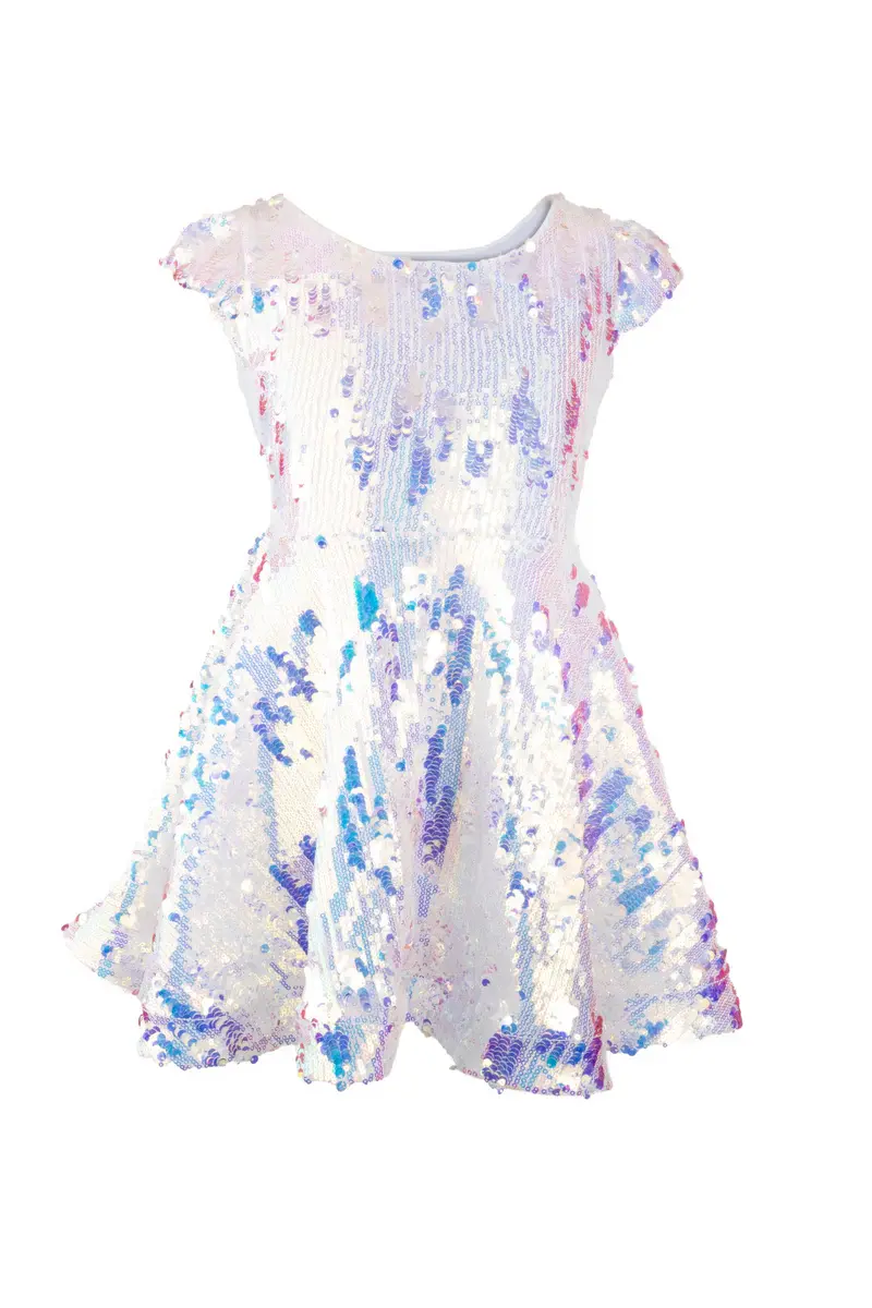 White sequined party dress with short sleeves & full skirt