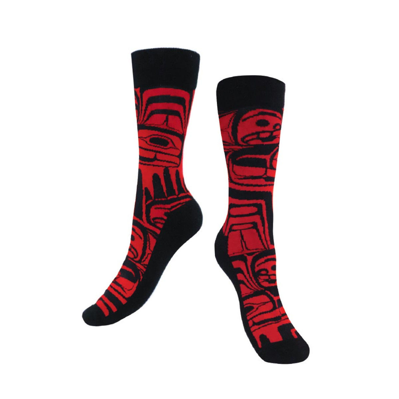Black & red socks with print of artist Ben Houstie's design 'Eagle Crest'