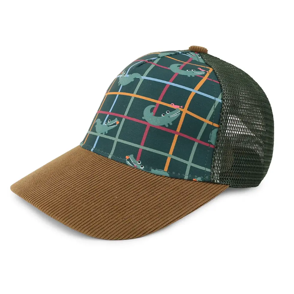 A FlapJackKids ball cap featuring a smiling alligator grid pattern with a brown corduroy brim and green mesh back at Tickled