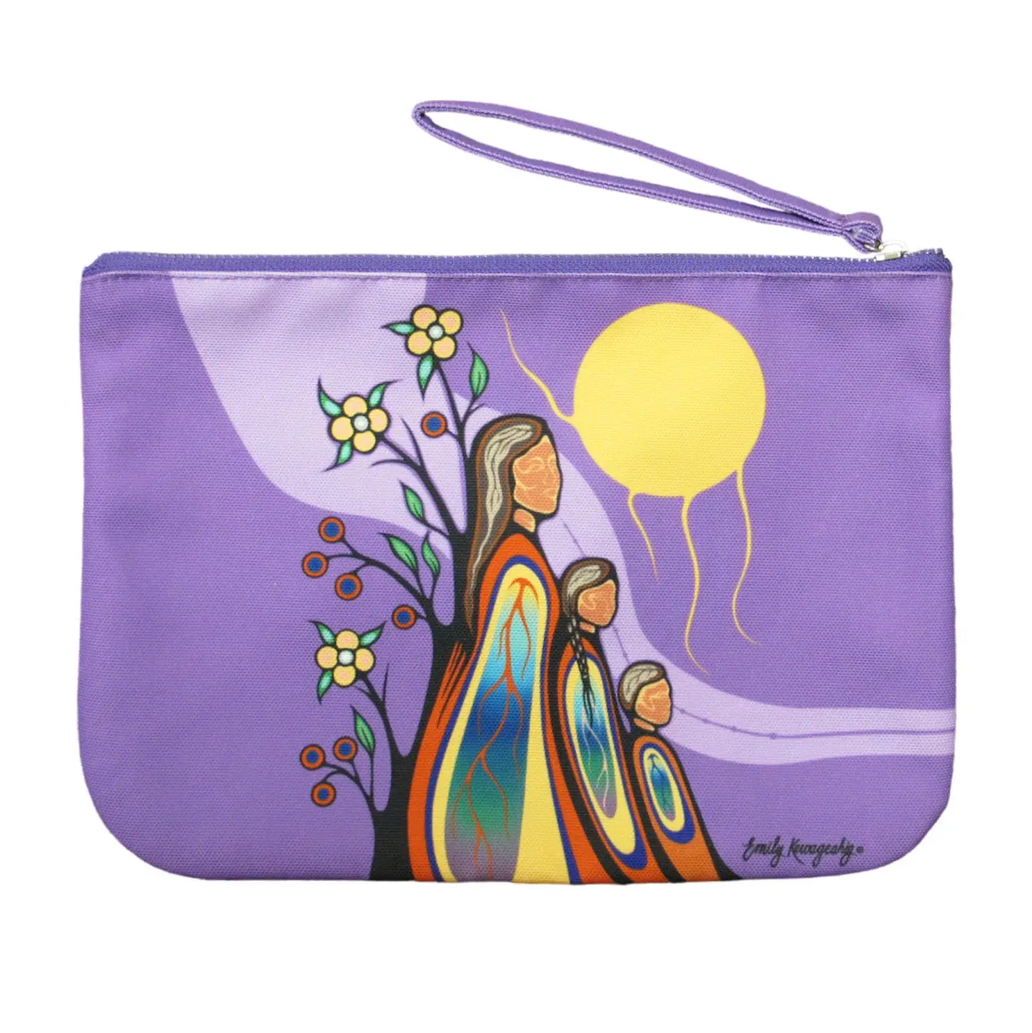 Rounded rectangular purple zippered pouch printed with reproduction of Emily Kewageshig's painting 'Gifts From Creator'