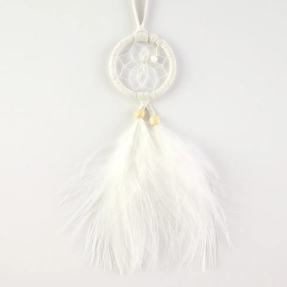 White leather dream catcher with fluffy white feathers