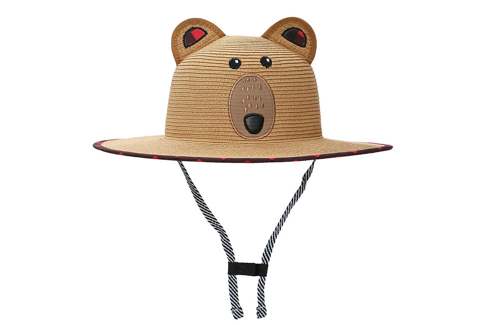 Thumbnail: Front view of child's natural color straw hat with bear face stitched on & ears, chin strap
