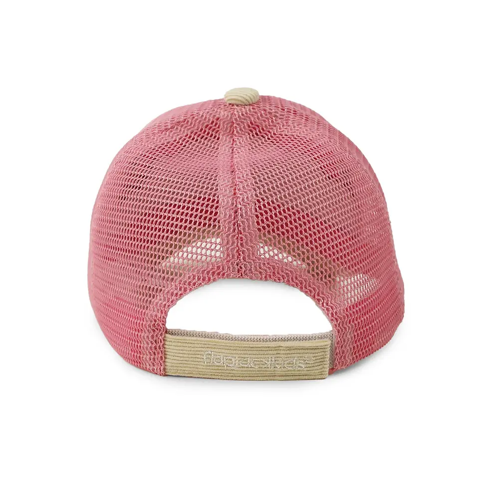 The back view of a pink FlapJackKids unicorn cap with breathable mesh and an adjustable strap at Tickled Pink.