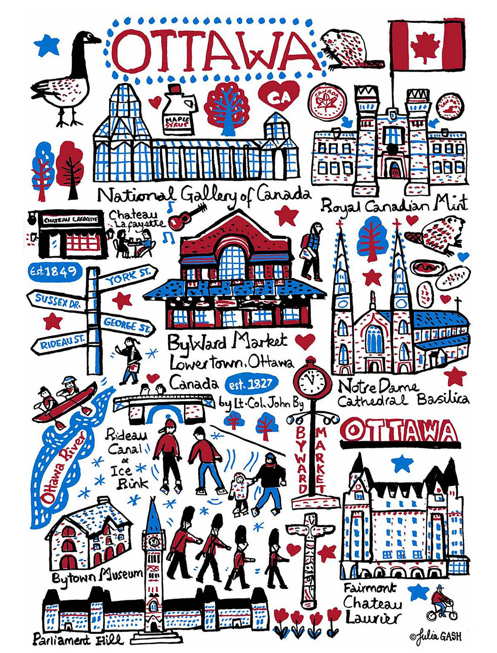 Full flat view of the Byward Market map art print by Julia Gash at Tickled Pink Ottawa.