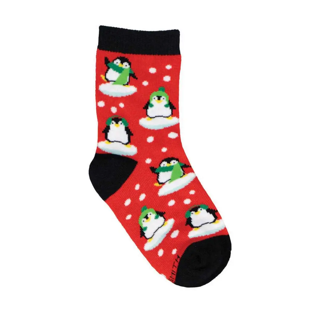 Red, black & white kids sock with print of penguins wearing green hats, scarves & earmuffs