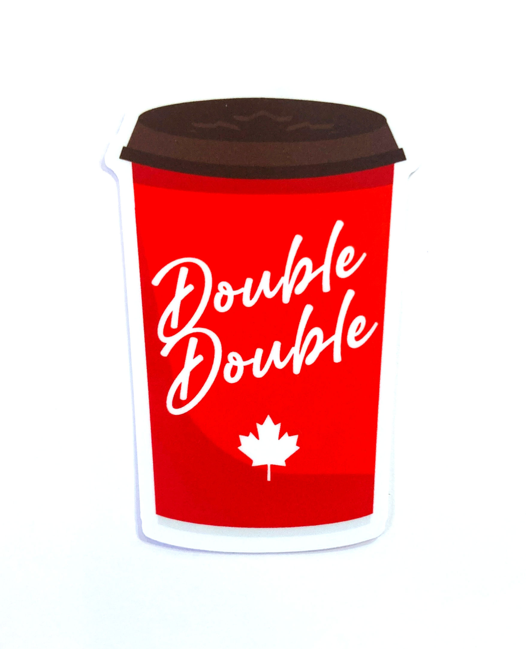 vinyl sticker in shape of red take-out coffee cup with brown lid, text, 'Double Double'
