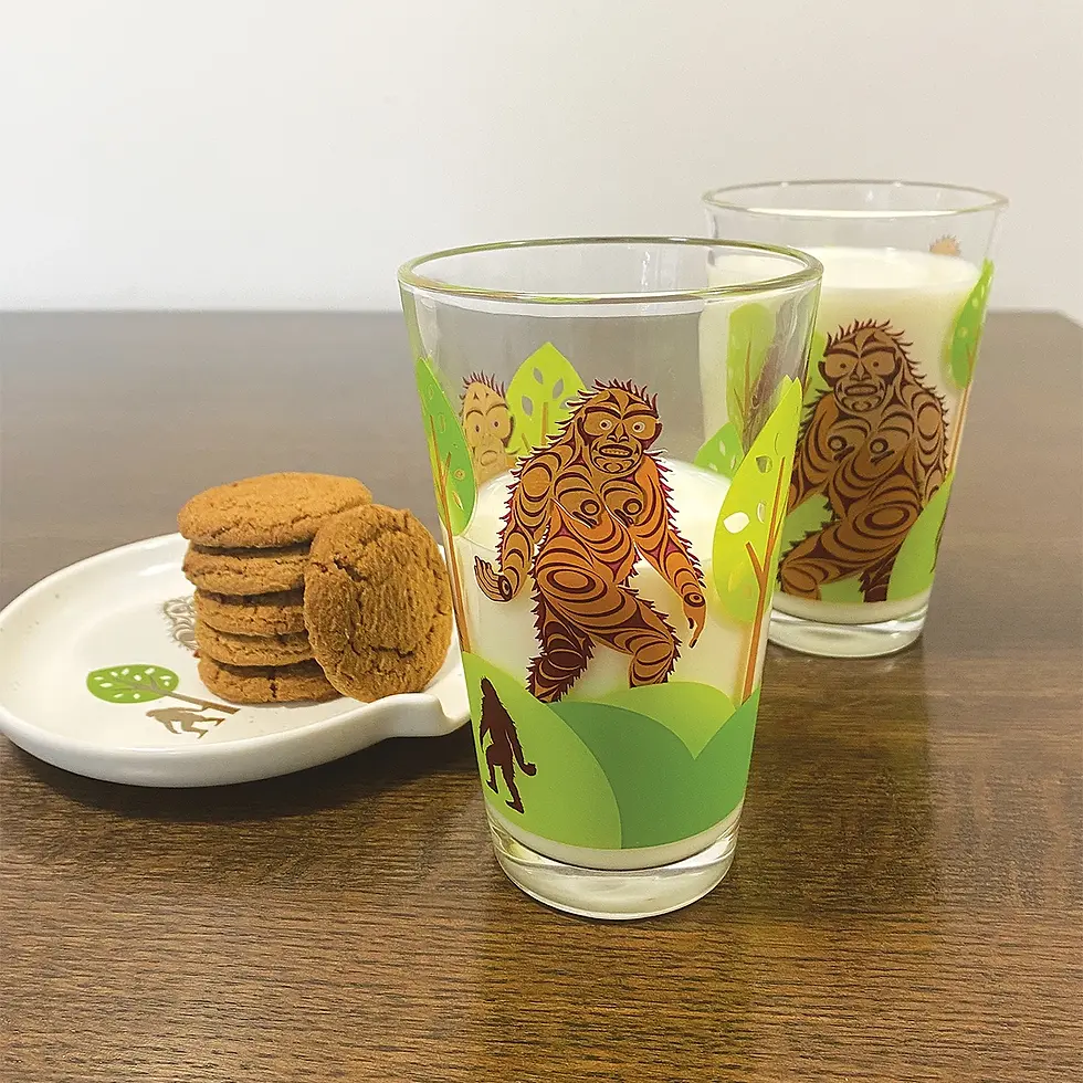 Lifestyle shot of Sasquatch glass tumblers by Francis Horne Sr. on a modern table at Quichua.