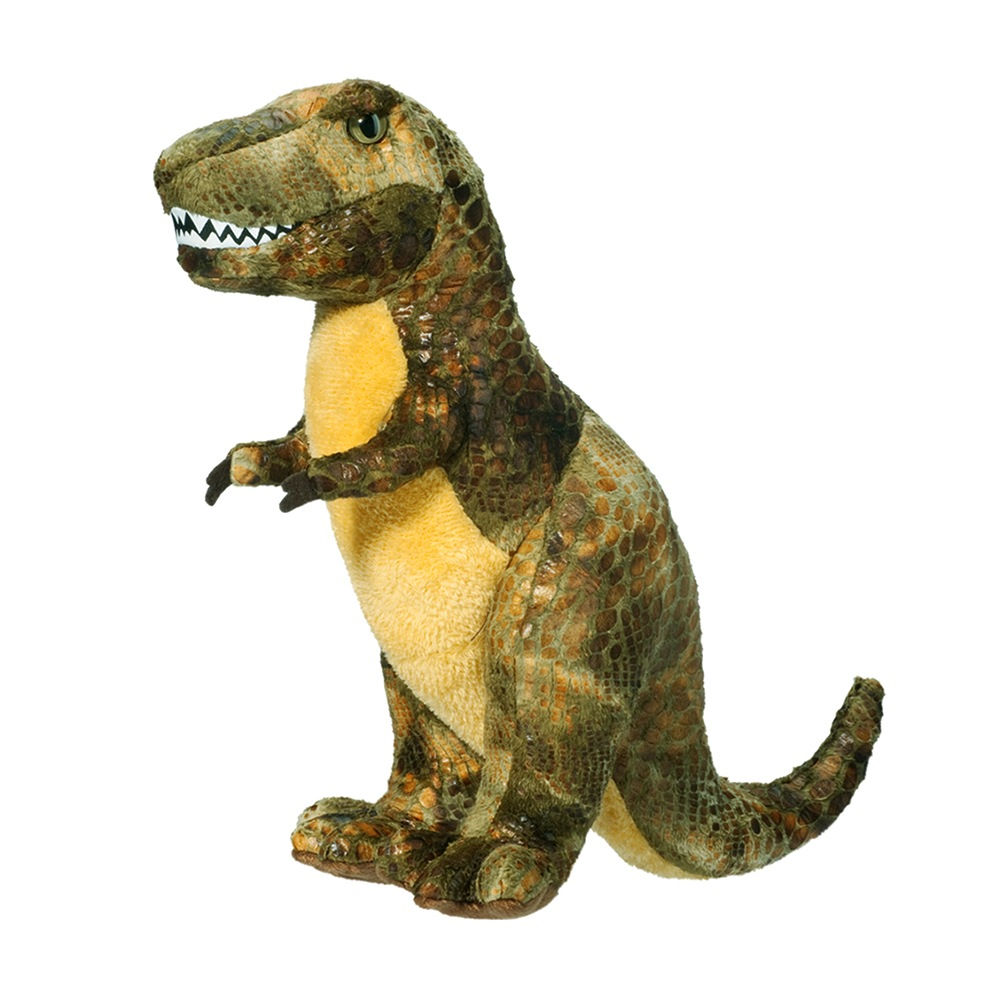 Front angled view of brownish-green & yellow T-rex dinosaur plush toy standing with felt teeth