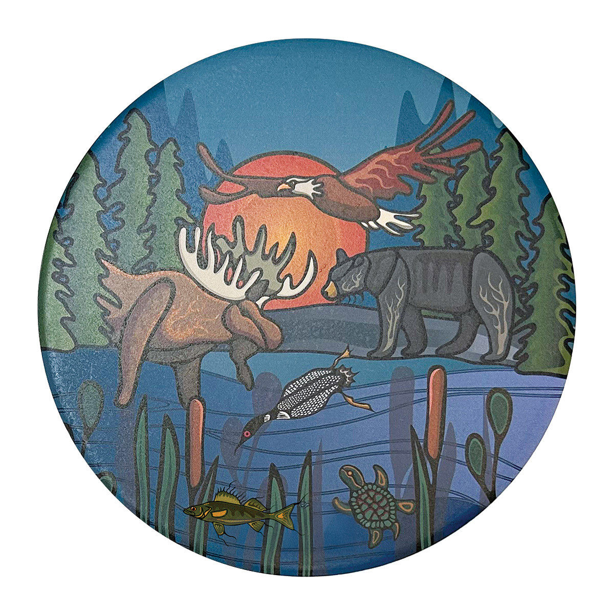 Round ceramic trivet printed with artist Storm Angeconeb's 'All My Relatives'