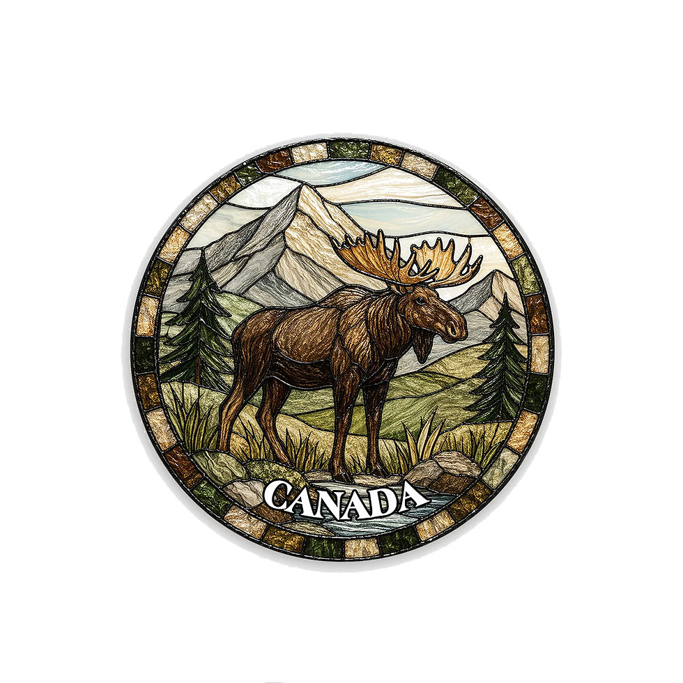 A round 3D ceramic magnet featuring a stained glass style illustration of a Canadian moose in the mountains at Tickled Pink.