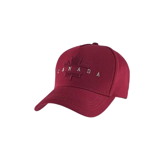 Solid red baseball cap with red embroidered maple leaf & white CANADA
