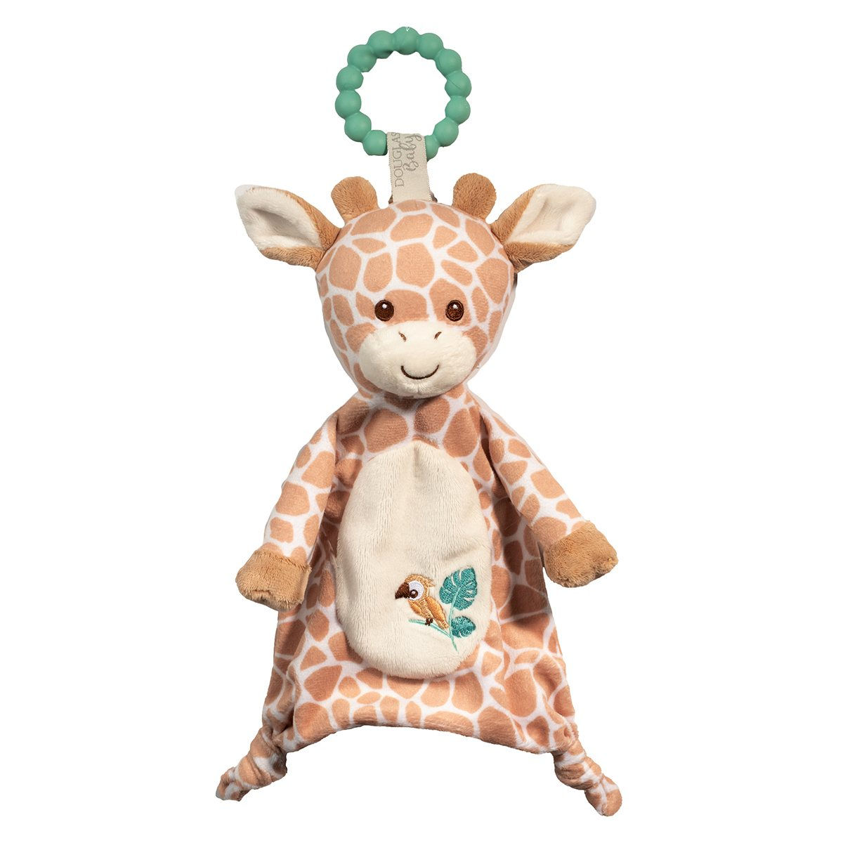 Front view of fabric giraffe doll attached to teething ring of green beads