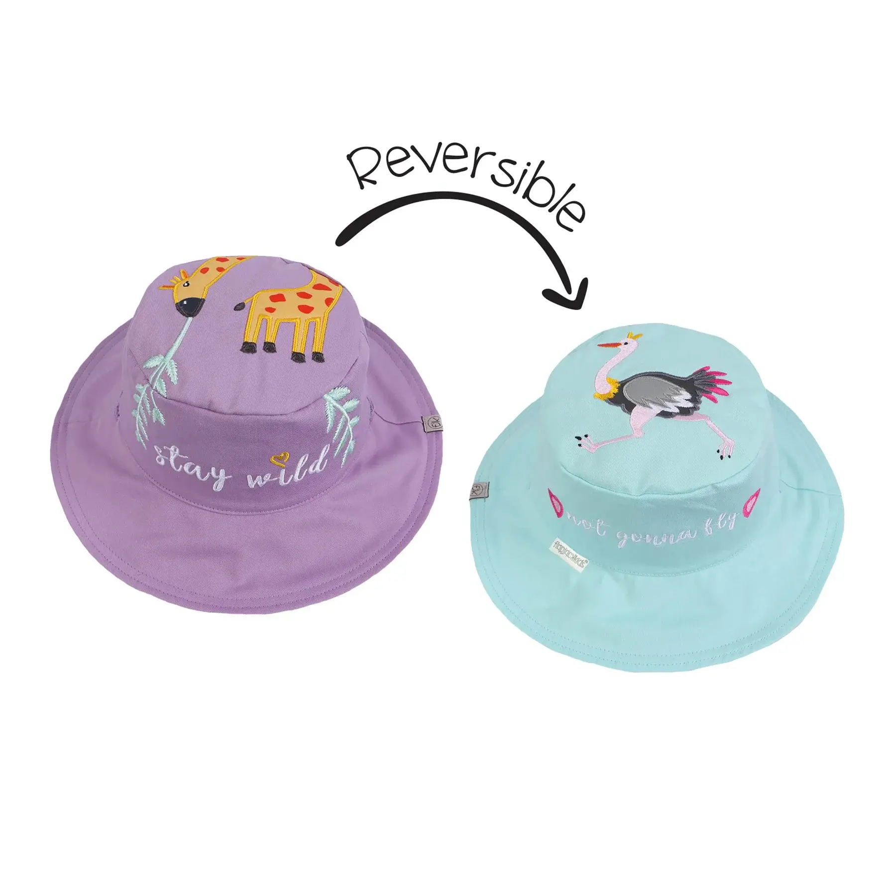 Both side of reversible cotton sun hat, purple with giraffe & light blue with ostrich