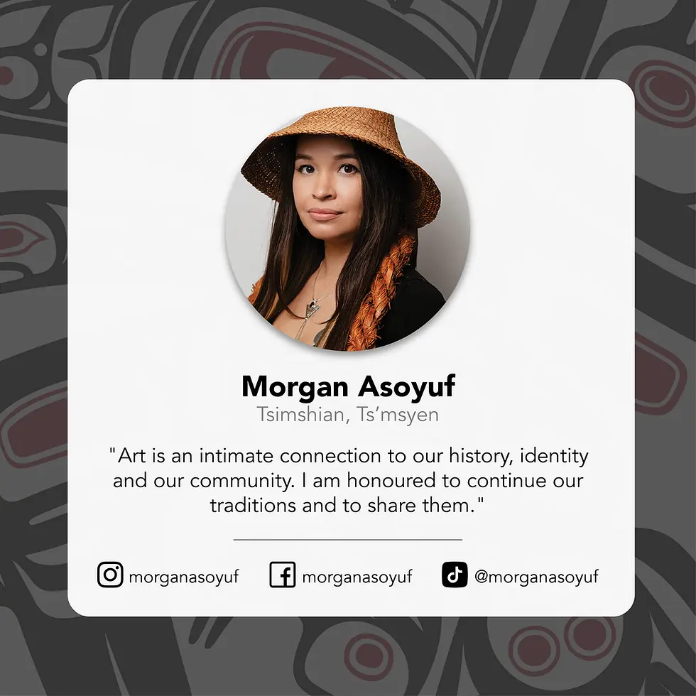 Artist information box with photo of artist Morgan Asoyuf, First Nations affiliation, quote & socials