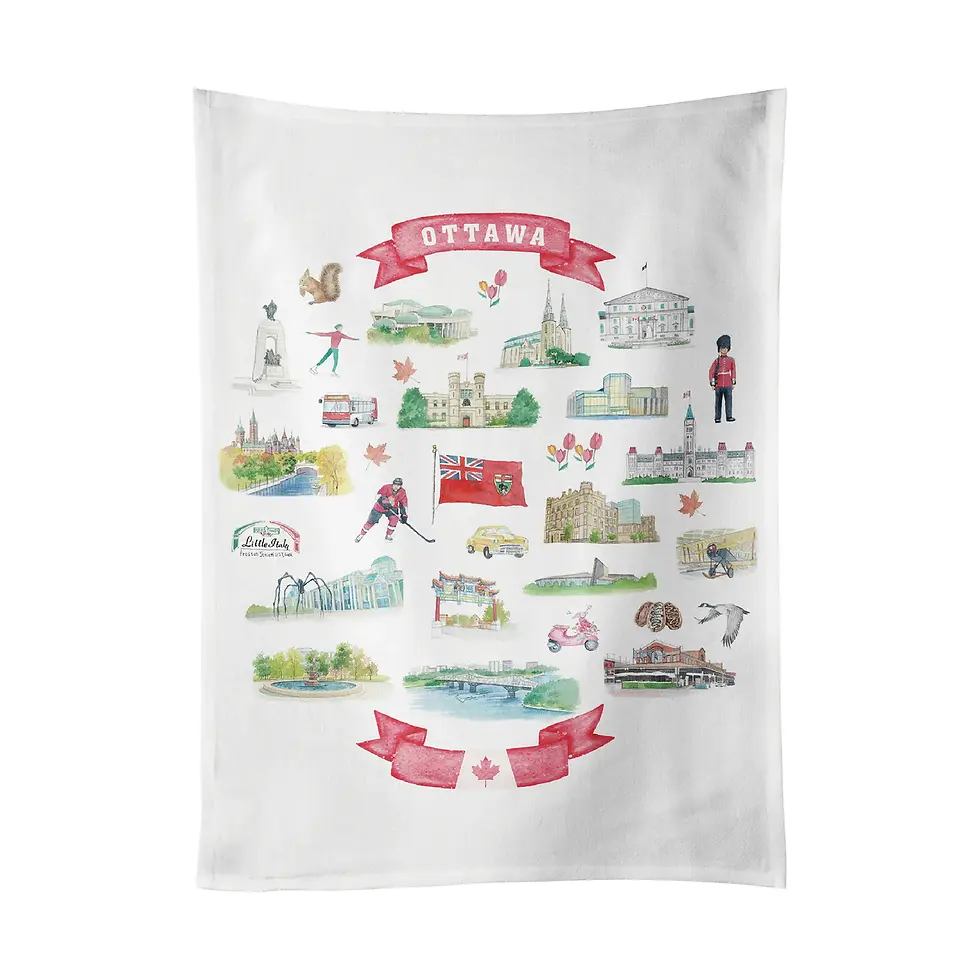 Ottawa Red Banner Tea Towel with city icons print at Tickled Pink Ottawa