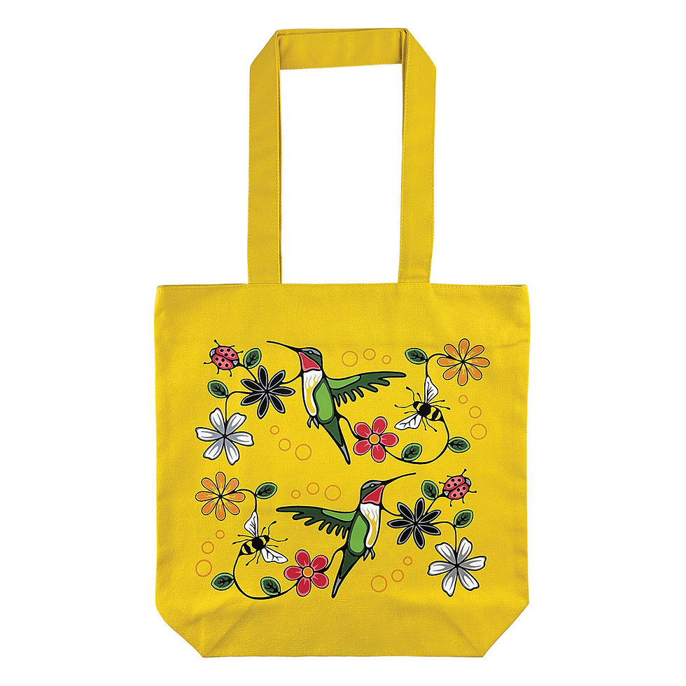 Thumbnail: Hummingbird design yellow canvas tote bag by Ojibwe artist Storm Angeconeb at Quichua World Market.