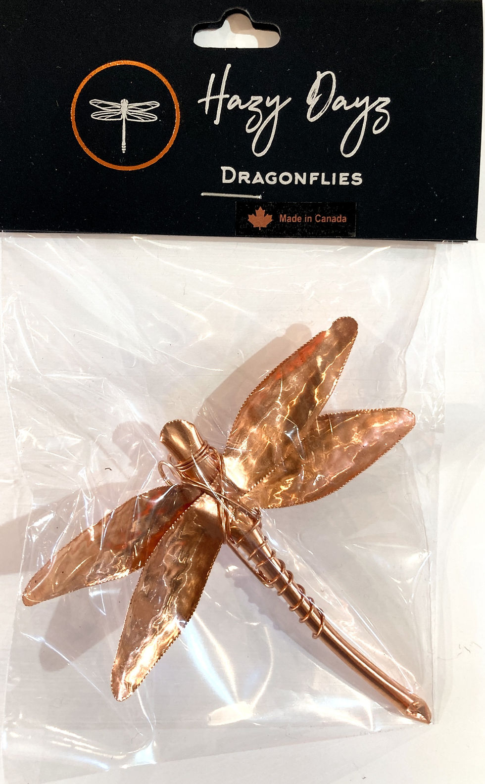 Thumbnail: Front view of copper dragonfly pin (g) in clear plastic package