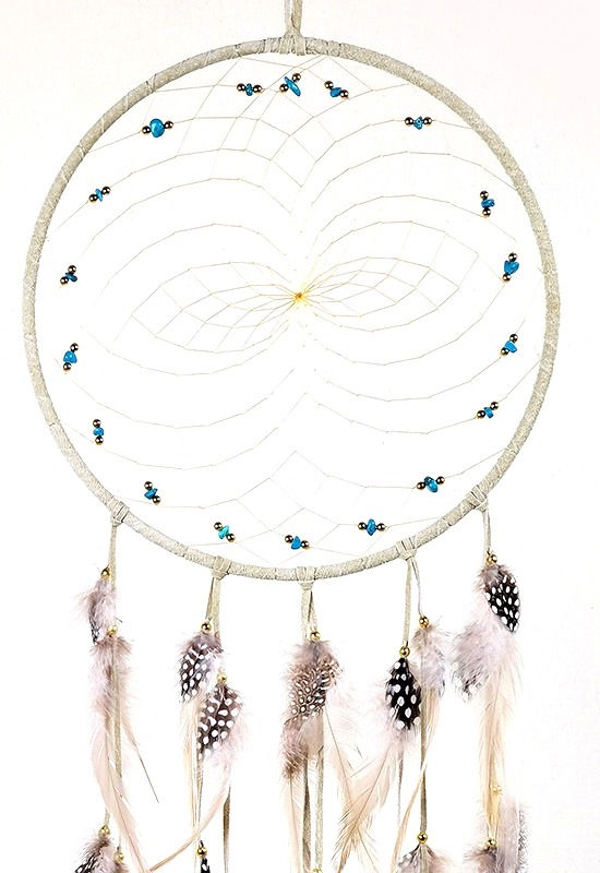 9" tan dream catcher with natural feathers & semi-precious stones in web