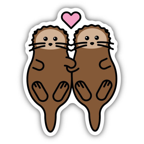 Brown & white vinyl sticker with 2 otters & pink heart between them