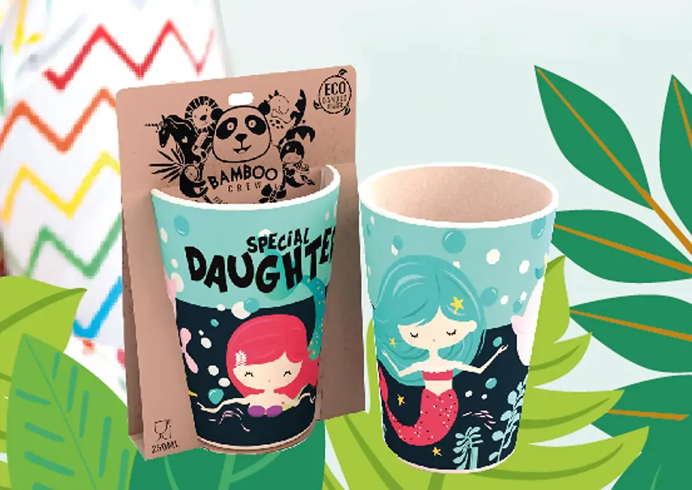 Thumbnail: Colorful kids beaker with image of mermaid with packaging & 2nd beaker beside it showing back with another mermaid