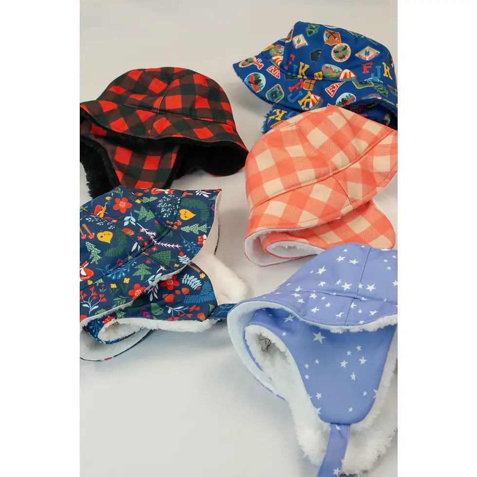 Thumbnail: Group of 5 designs of children's winter bucket hats with fleece lining, ear flaps & chin strap