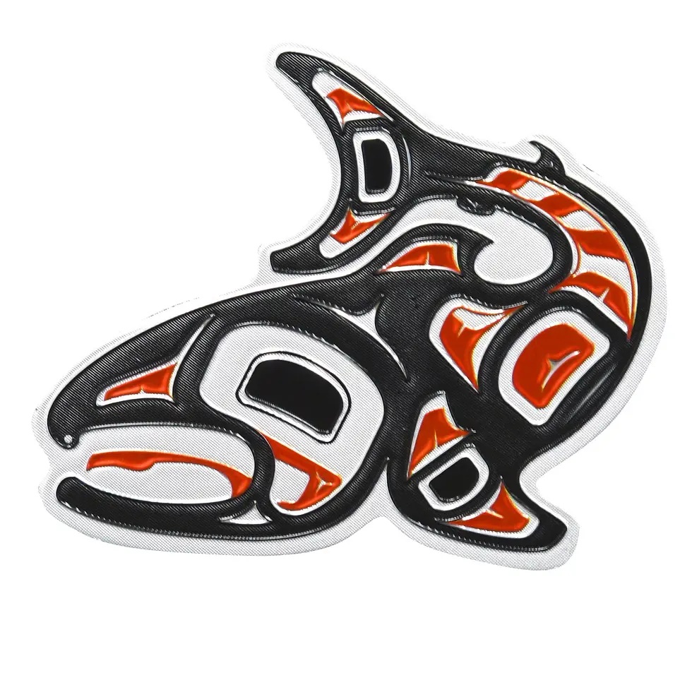 Metallic magnet in shape of red, black & white salmon painting by Jamie Sterritt