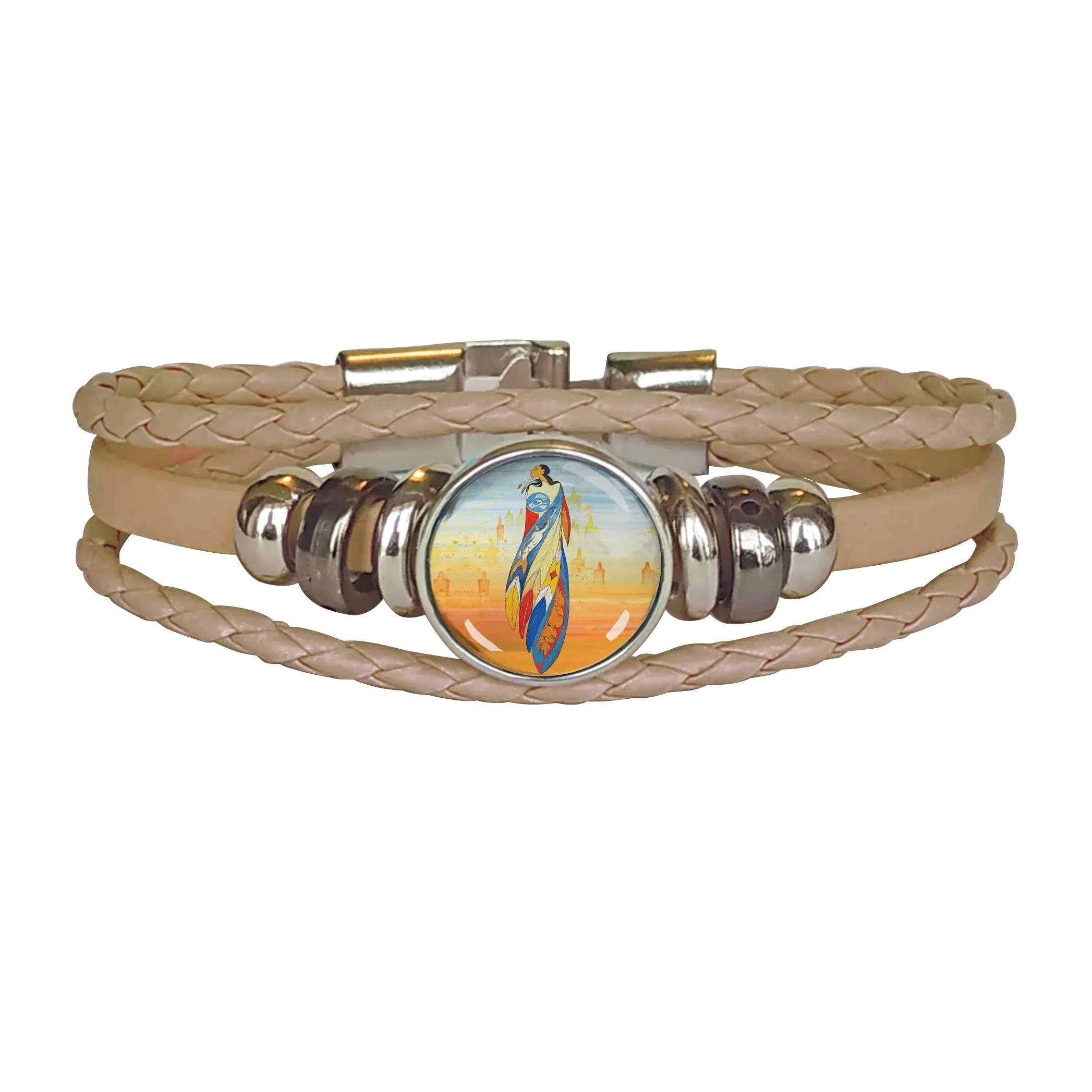 Tan 3 strand leatherette bracelet with clear domed center over reproduction of Maxine Noel's painting 'Not Forgotten' & beads
