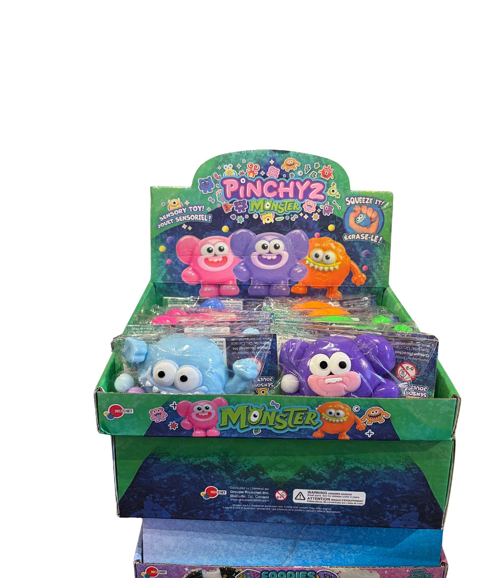 Pinchyz Monster squishy sensory fidget toys in a display box at Tickled Pink.