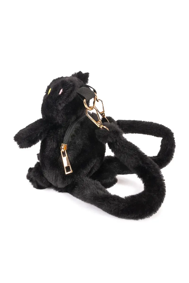 back view of black fuzzy mini backpack in shape of cat with black fuzzy straps
