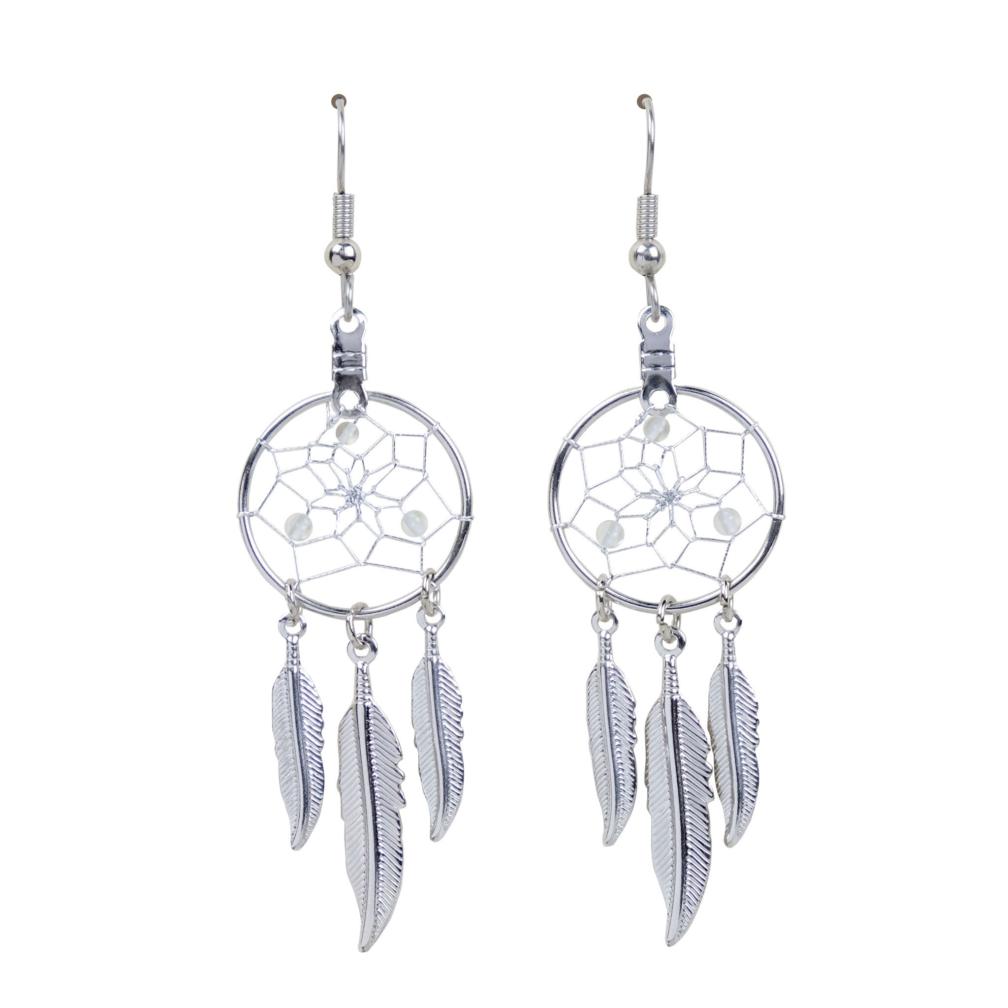Pair of ¾" silver metal dream catcher earrings with clear quartz gemstones in webs & 3 hanging metal feathers