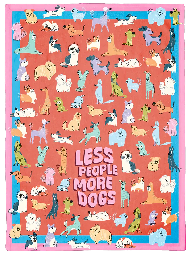 Full flat view of the More Dogs Less People pattern dish towel by Uptown Sox at Tickled Pink Ottawa.