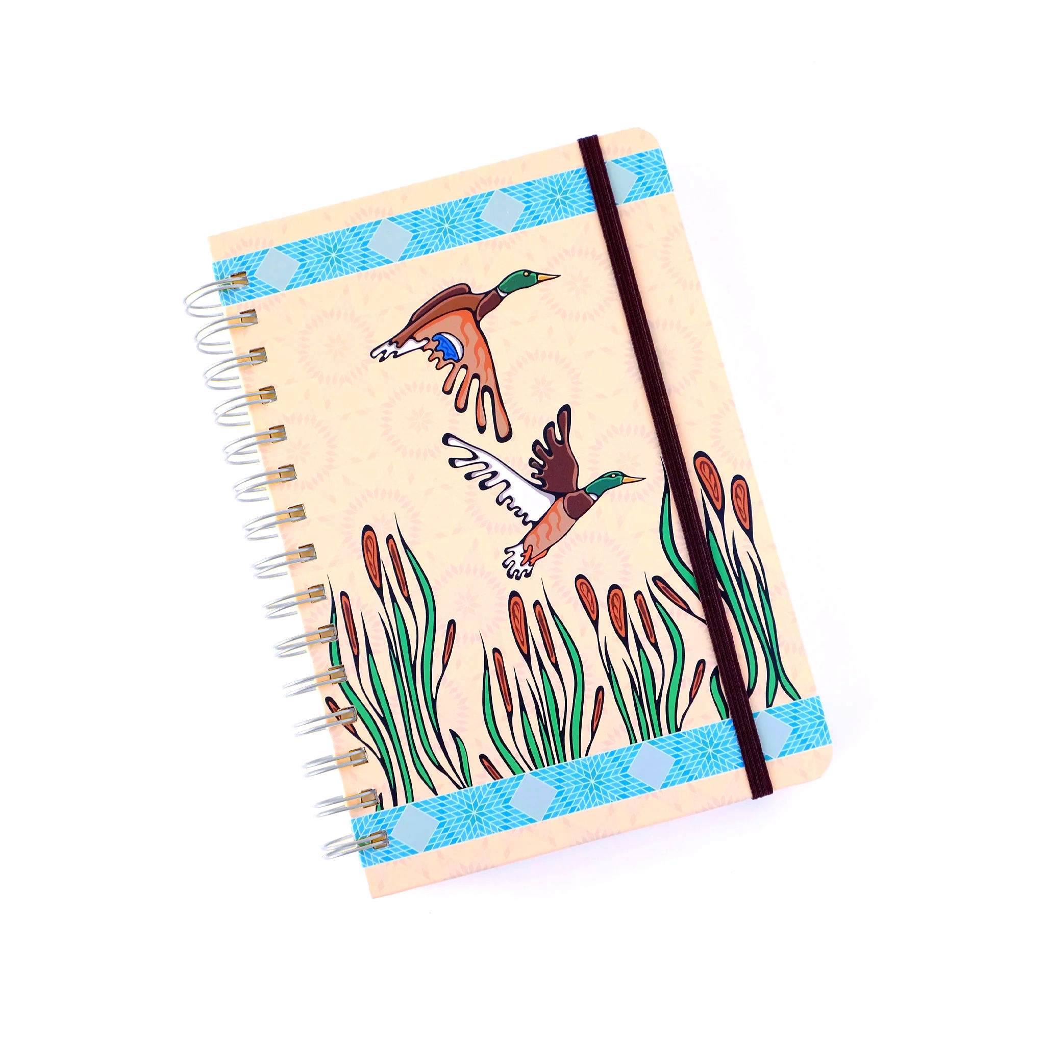 Tan spiral journal notebook with artist Storm Angeconeb's Mallards on the cover