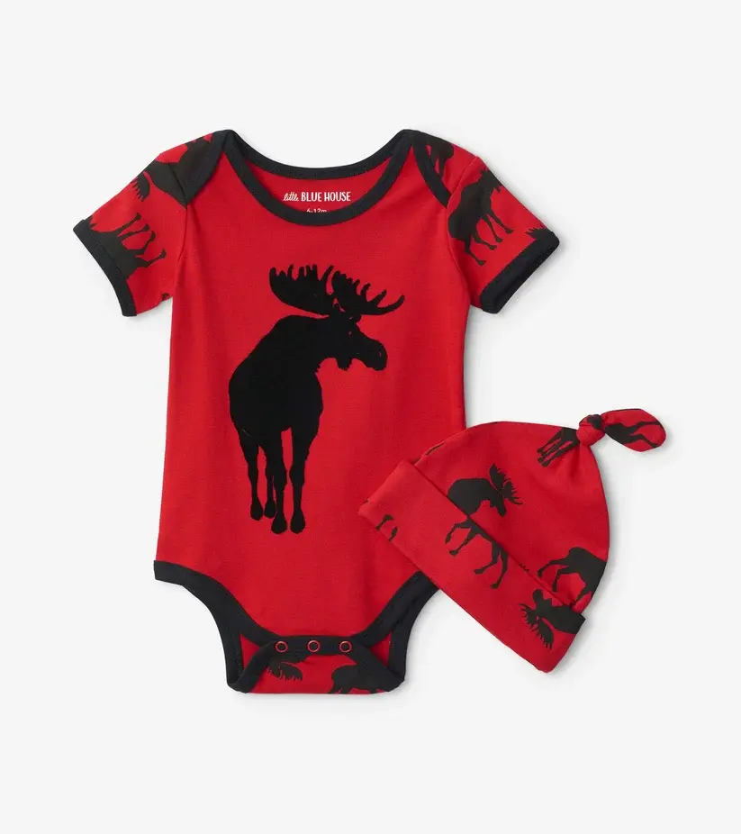 Little Blue House Moose on Red baby bodysuit and matching knotted hat set at Tickled Pink.