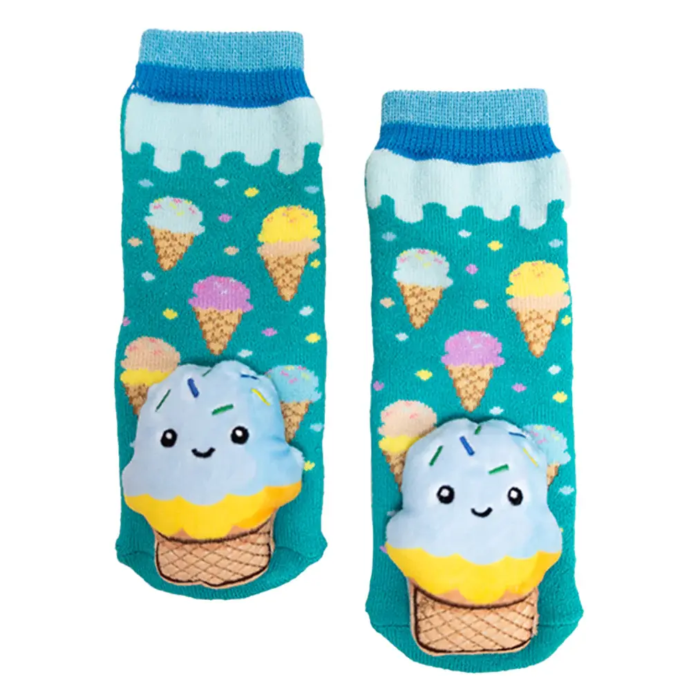 Pair of turquoise & yellow baby socks with colorful ice cream cones and plush scoop of ice cream on toes