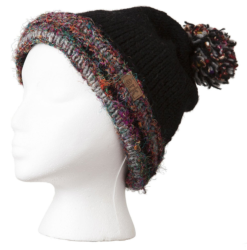 Thumbnail: Solid black knit wool toque with multi-colored silk & wool brim & pompom
