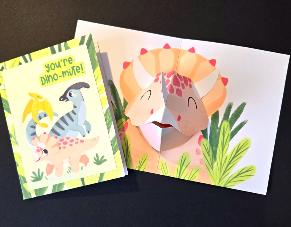 Front & inside of Dino Pop Up Birthday card